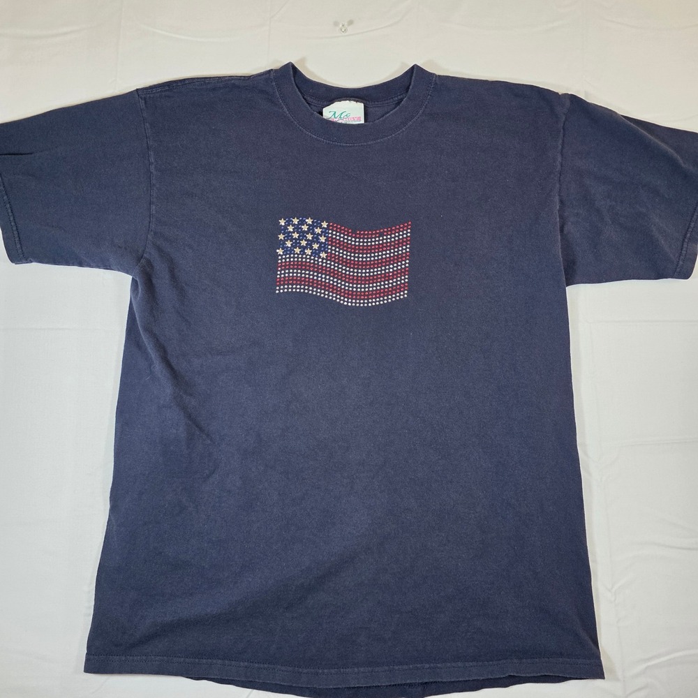 McEnergy Sportswear Navy Blue Rhinestone American Flag T-Shirt Large Cotton